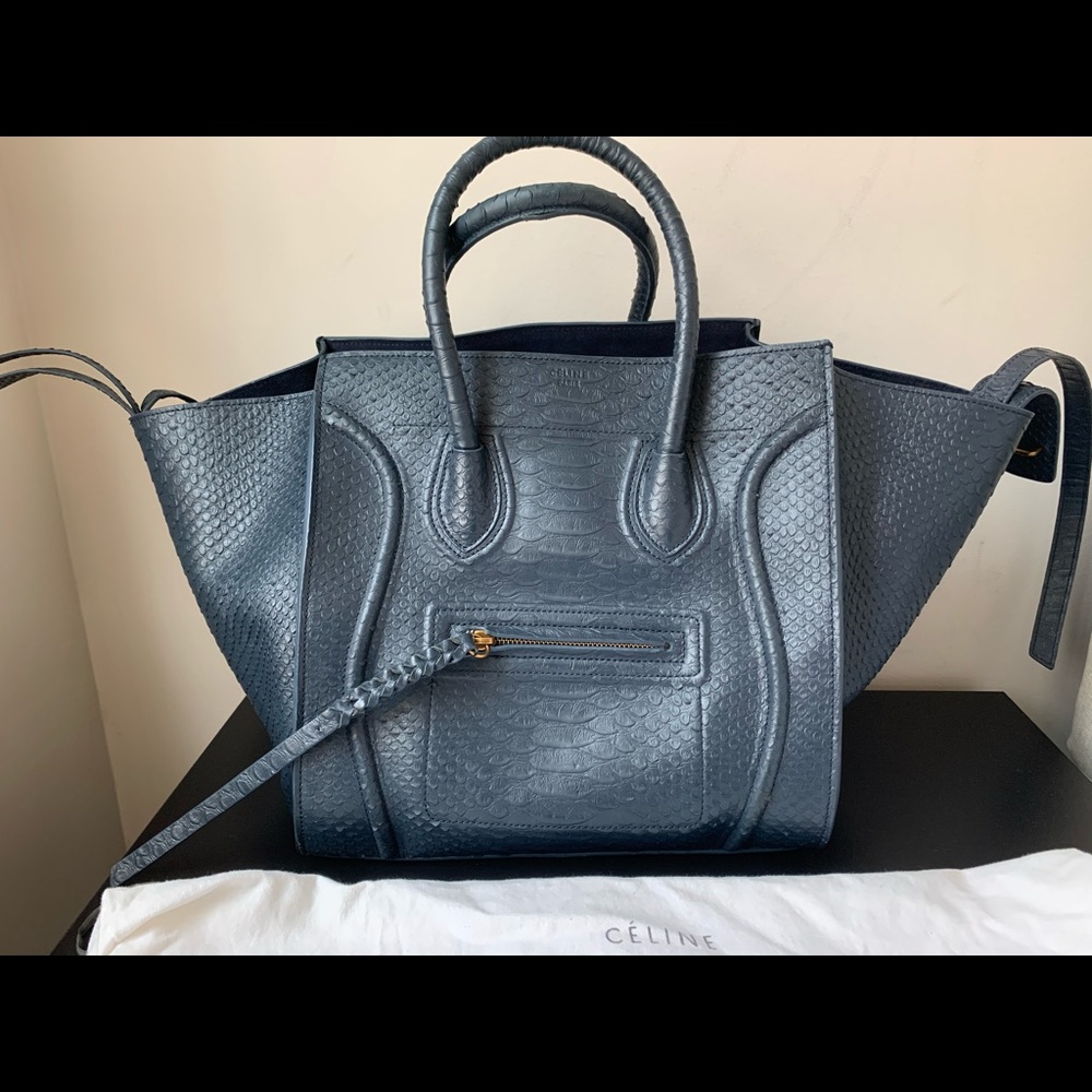 Celine luggage dark blue python tote .